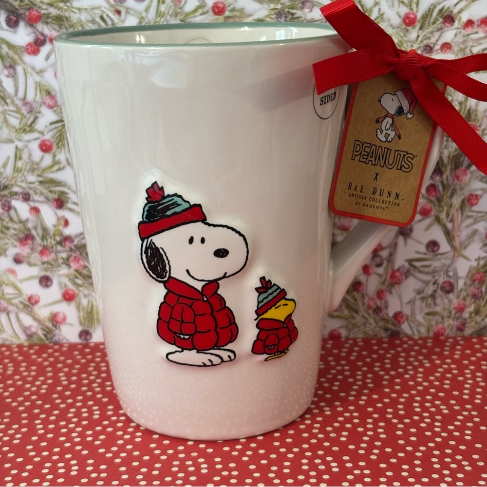 Peanuts x Rae Dunn SNOOPY WOODSTOCK Red Puffer Jackets Tall Holiday‎ Winter Mug